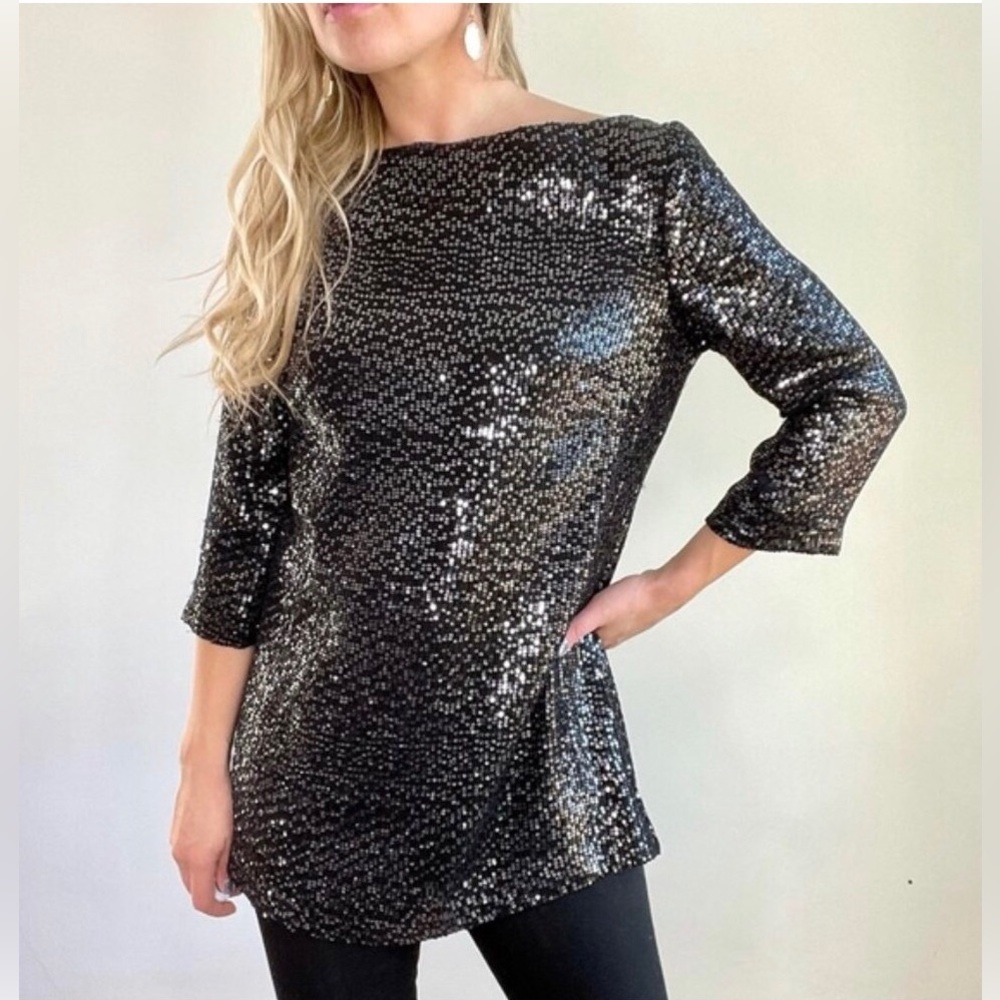 Tory Burch Monique Black Sequin Silk Tunic Top Sz 2